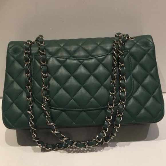 100AUTH CHANEL Green Double Silver Chain Flap Bag - Picture 6 of 10